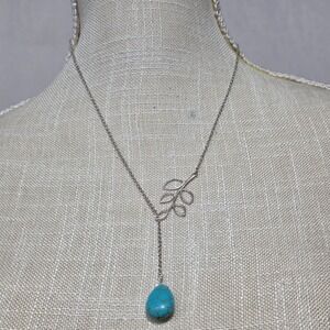 Silver Tone Leaf Lariat Necklace with Turquoise Teardrop Pendant Delicate